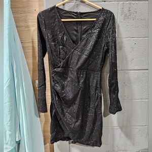 Glitter Ruched Black Long-Sleeve Wrap Dress